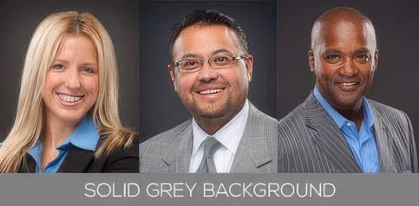 Solid grey background — three headshots against an even grey studio backdrop, labelled “Solid Grey Background”