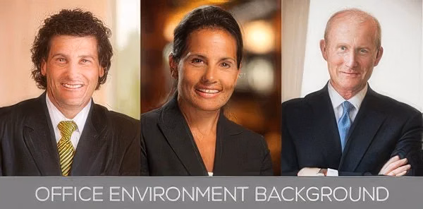 Office environment background — three headshots against warm blurred office interiors, labelled “Office Environment Background”