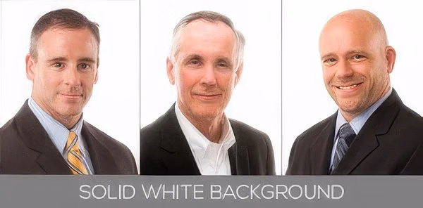 Solid white background — three headshots against a plain white backdrop, labelled “Solid White Background”